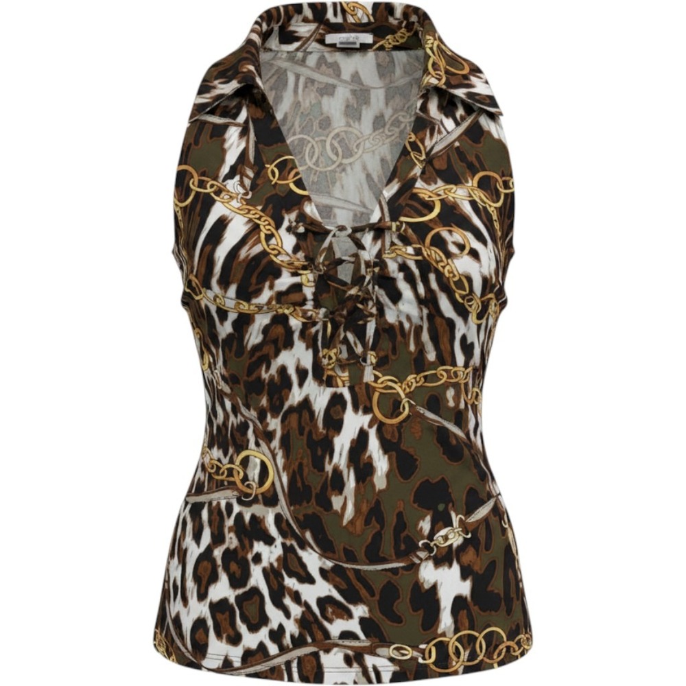 Cache Lace Up Sleeveless Top Small Brown Leopard Chain Print